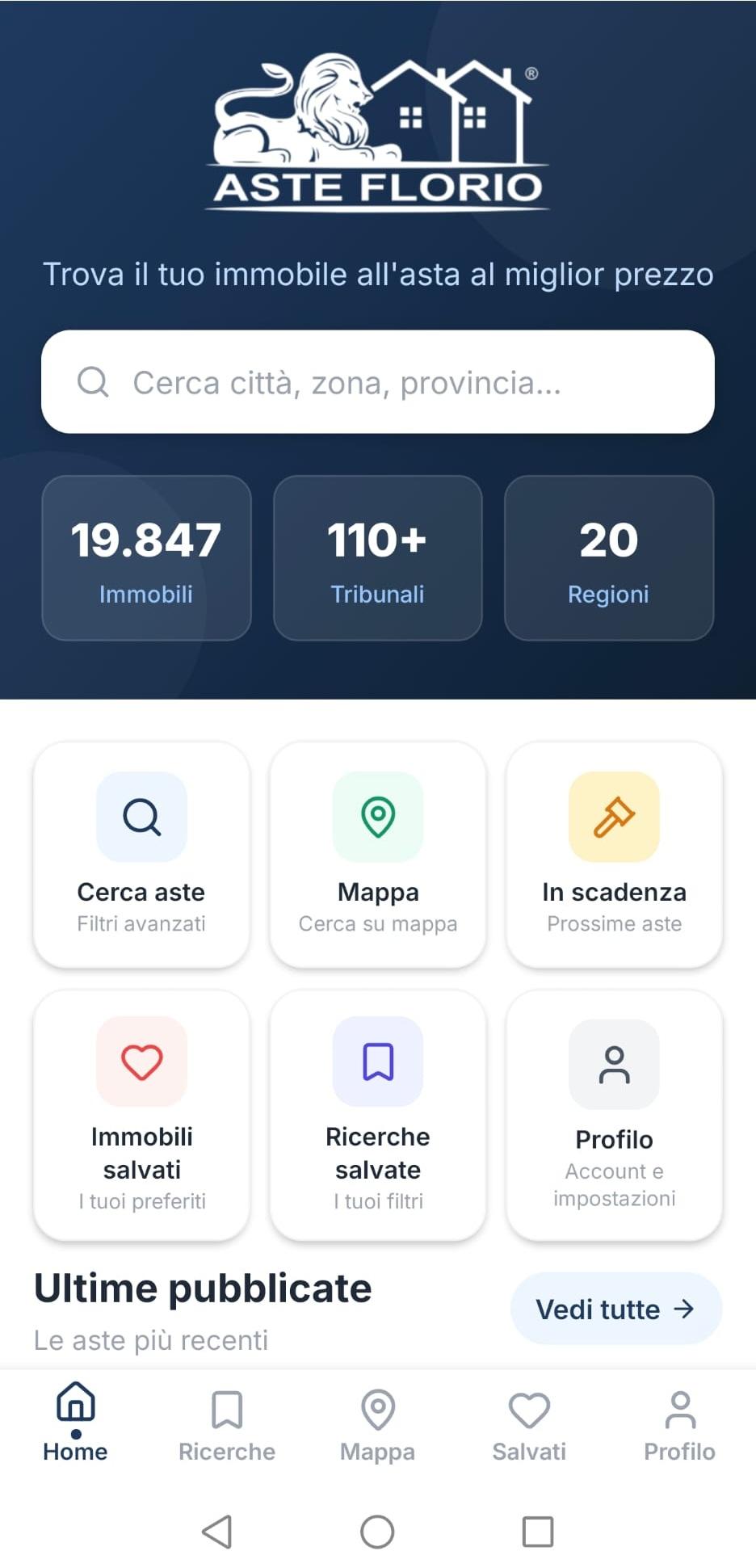 Schermata principale dell'app Aste Florio